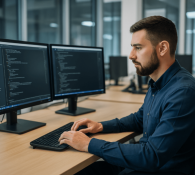 Man infront of two computer screens