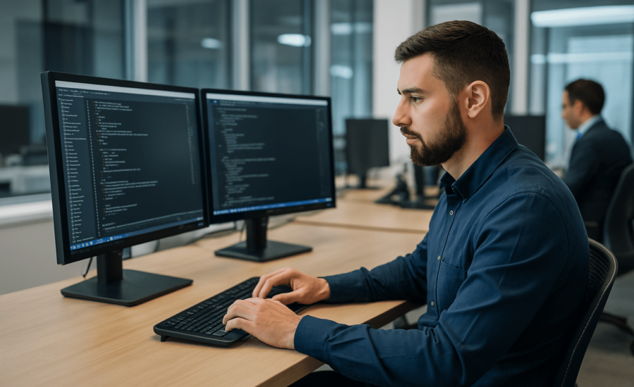 Man infront of two computer screens